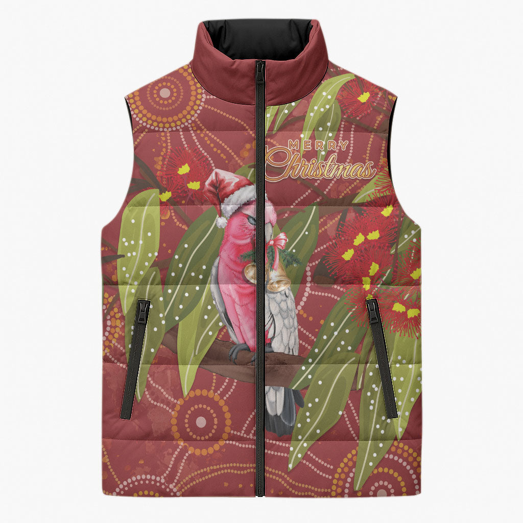 Australia Christmas Indigenous Sleeveless Puffer Jacket Galah Bird on Eucalyptus