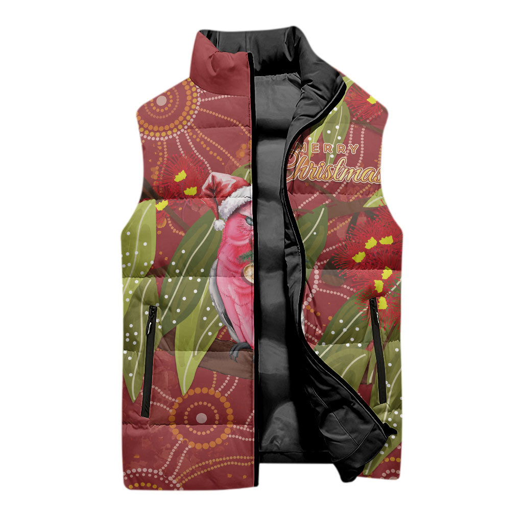 Australia Christmas Indigenous Sleeveless Puffer Jacket Galah Bird on Eucalyptus