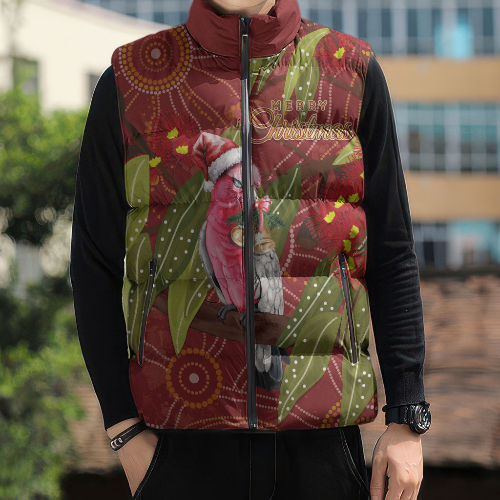 Australia Christmas Indigenous Sleeveless Puffer Jacket Galah Bird on Eucalyptus