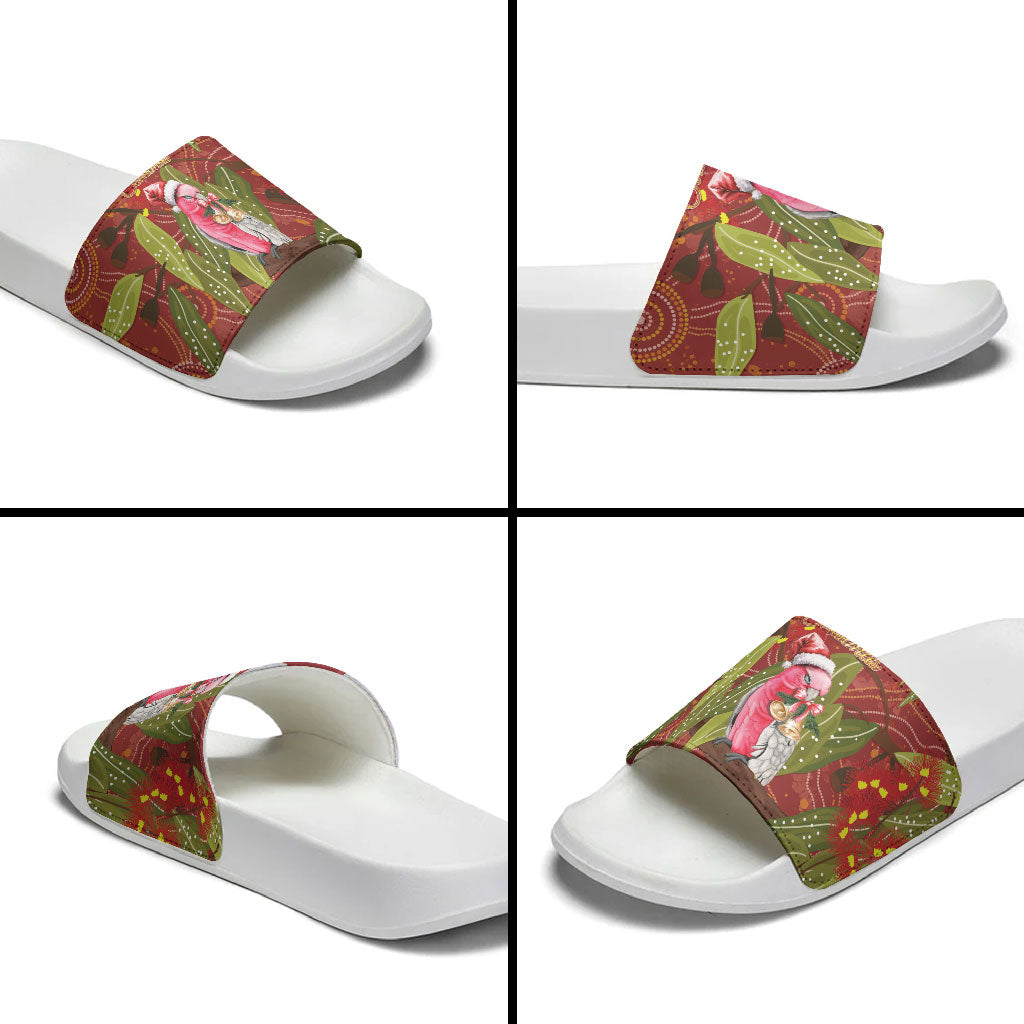 Australia Christmas Indigenous Slide Sandals Galah Bird on Eucalyptus
