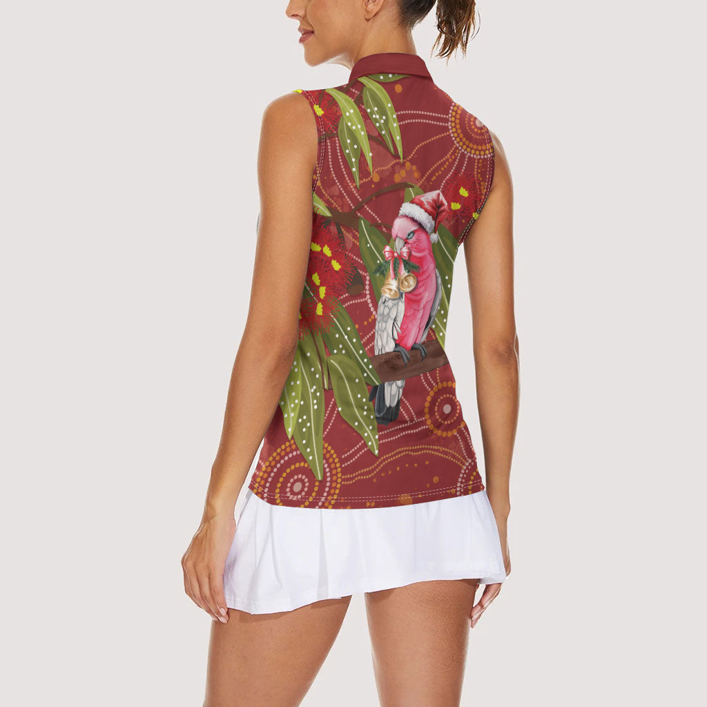 Australia Christmas Indigenous Women Sleeveless Polo Shirt Galah Bird on Eucalyptus