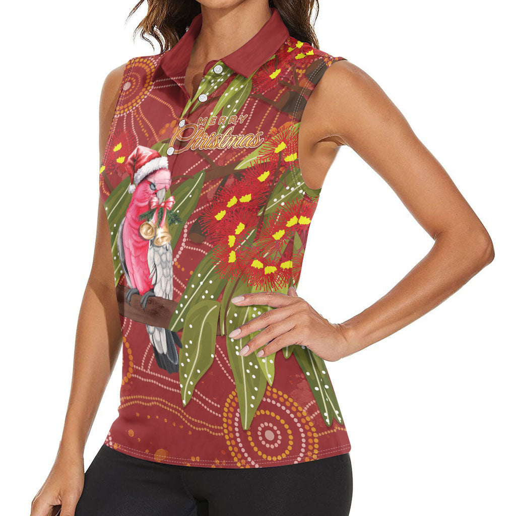 Australia Christmas Indigenous Women Sleeveless Polo Shirt Galah Bird on Eucalyptus