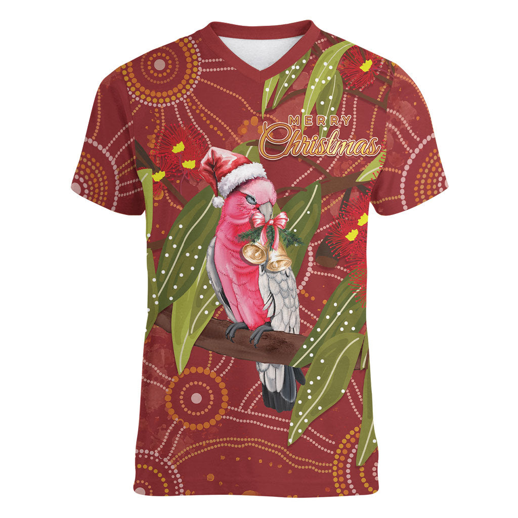 Australia Christmas Indigenous Women V-Neck T-Shirt Galah Bird on Eucalyptus