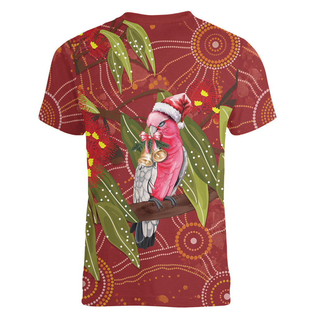 Australia Christmas Indigenous Women V-Neck T-Shirt Galah Bird on Eucalyptus
