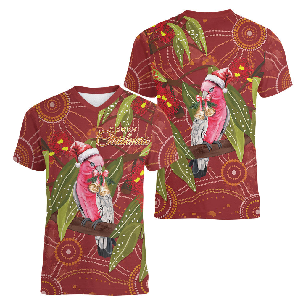 Australia Christmas Indigenous Women V-Neck T-Shirt Galah Bird on Eucalyptus