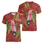 Australia Christmas Indigenous Women V-Neck T-Shirt Galah Bird on Eucalyptus