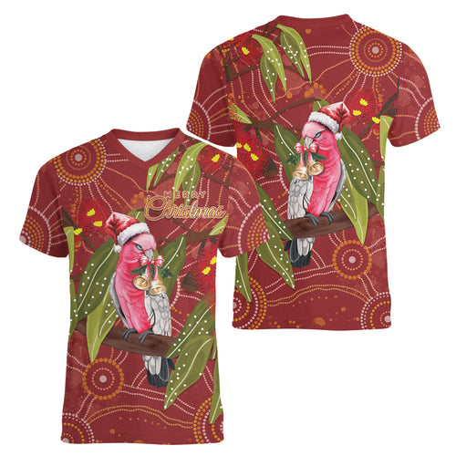Australia Christmas Indigenous Women V-Neck T-Shirt Galah Bird on Eucalyptus