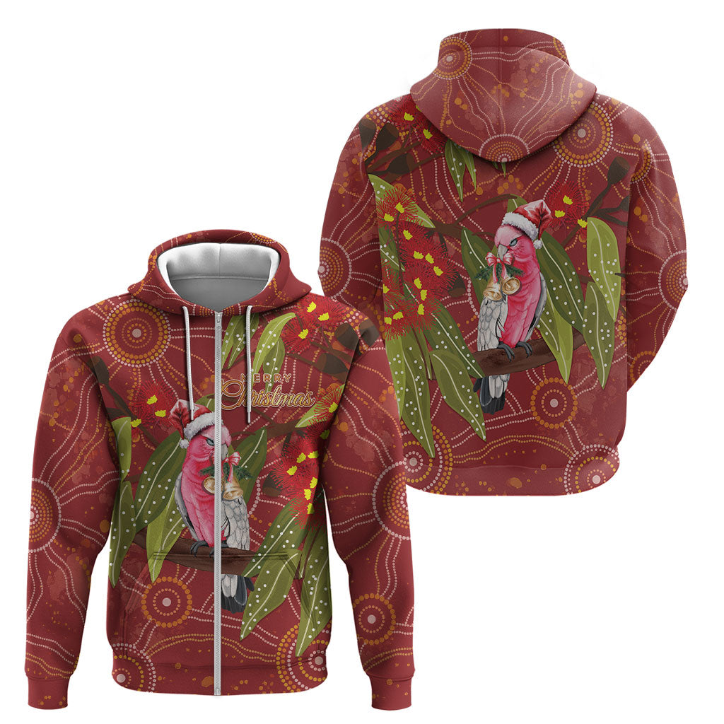 Australia Christmas Indigenous Zip Hoodie Galah Bird on Eucalyptus