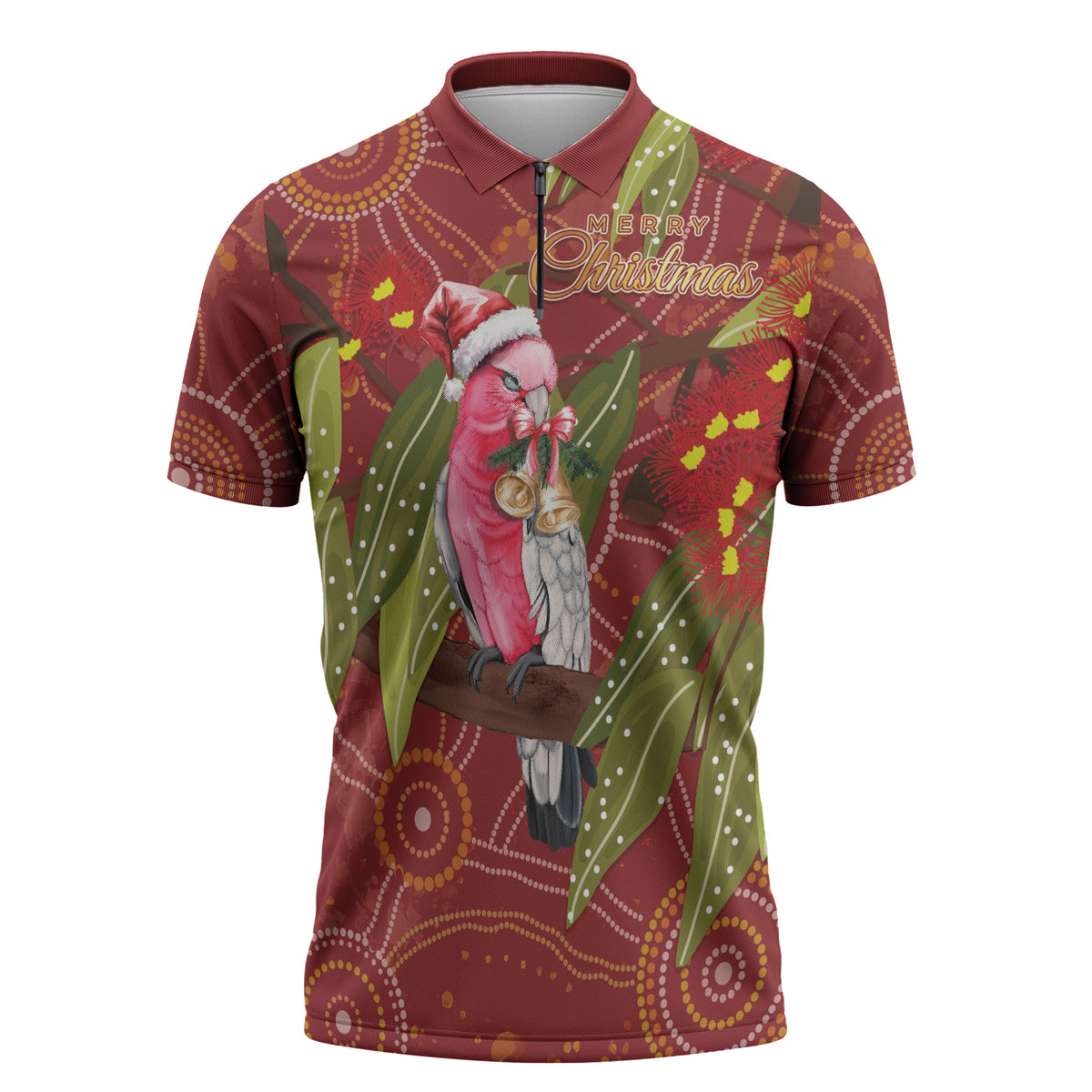 Australia Christmas Indigenous Zipper Polo Shirt Galah Bird on Eucalyptus