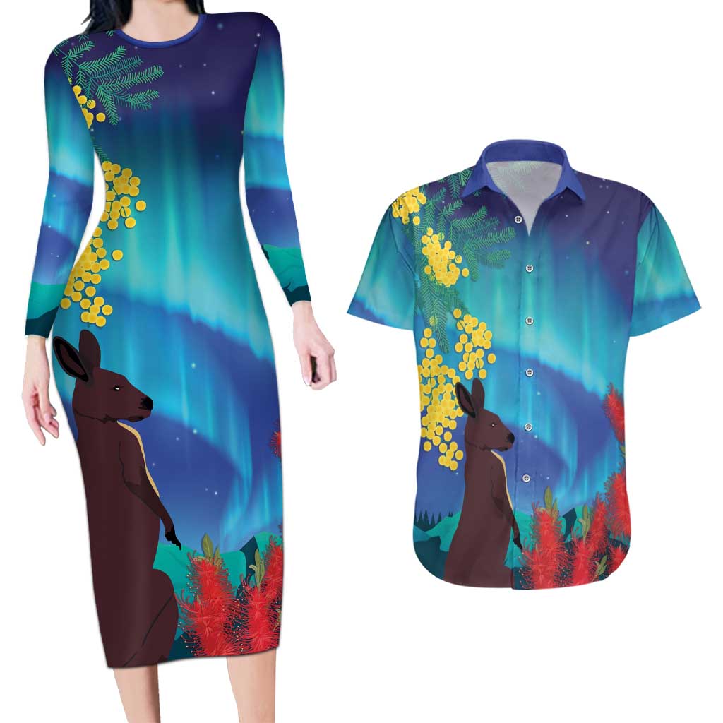 Australia Northern Lights Scenery Couples Matching Long Sleeve Bodycon Dress and Hawaiian Shirt