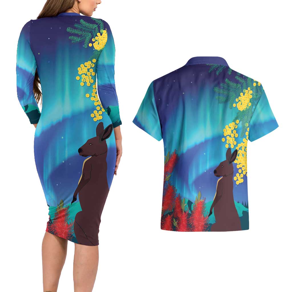 Australia Northern Lights Scenery Couples Matching Long Sleeve Bodycon Dress and Hawaiian Shirt