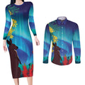 Australia Northern Lights Scenery Couples Matching Long Sleeve Bodycon Dress and Long Sleeve Button Shirt