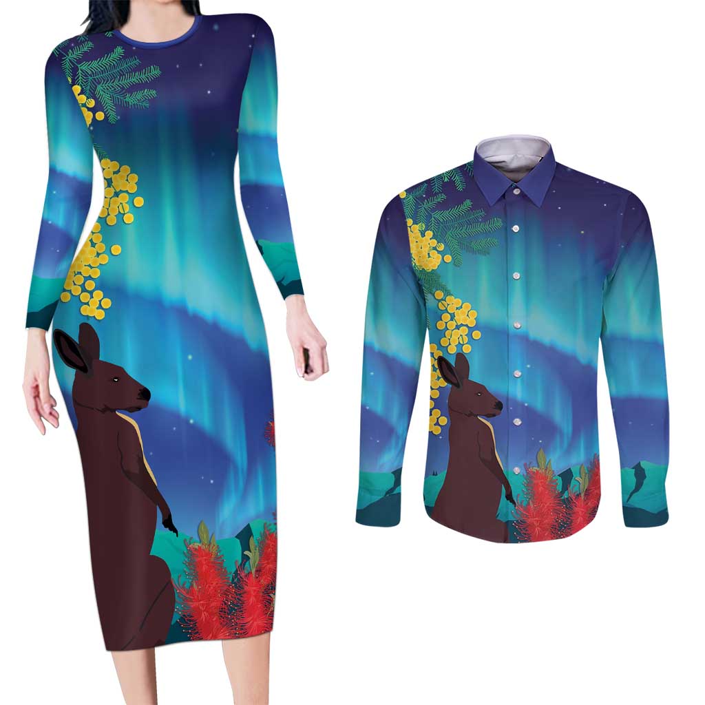 Australia Northern Lights Scenery Couples Matching Long Sleeve Bodycon Dress and Long Sleeve Button Shirt