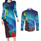 Australia Northern Lights Scenery Couples Matching Long Sleeve Bodycon Dress and Long Sleeve Button Shirt