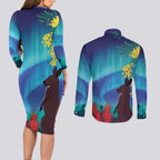 Australia Northern Lights Scenery Couples Matching Long Sleeve Bodycon Dress and Long Sleeve Button Shirt