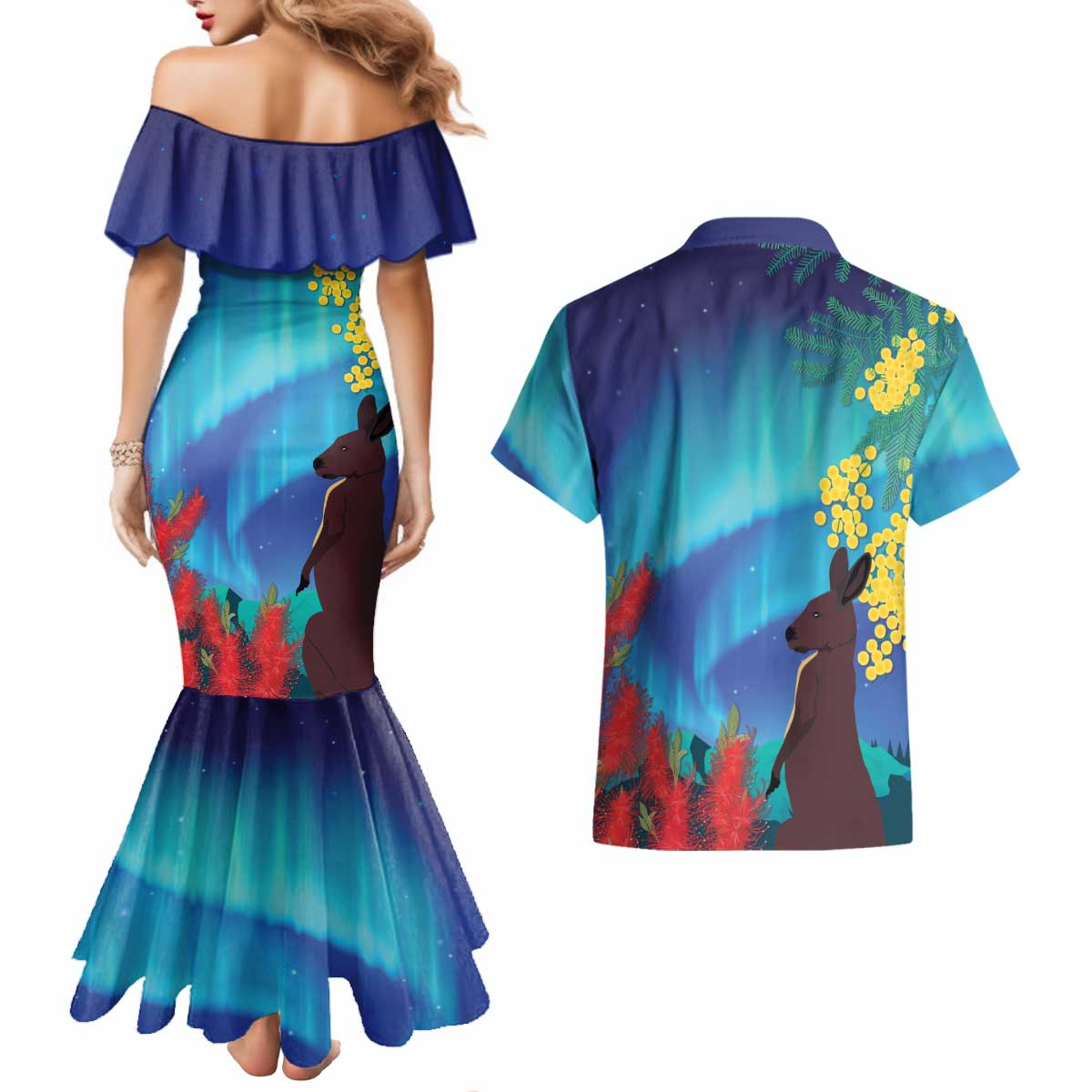 Australia Northern Lights Scenery Couples Matching Mermaid Dress and Hawaiian Shirt