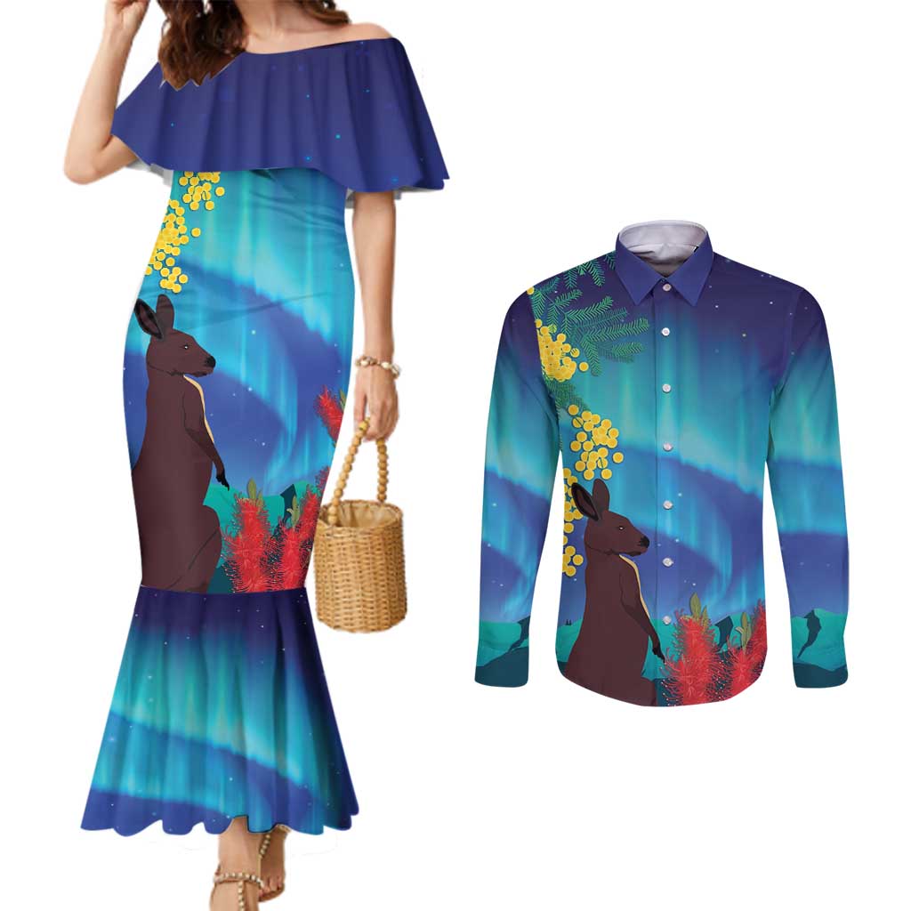 Australia Northern Lights Scenery Couples Matching Mermaid Dress and Long Sleeve Button Shirt