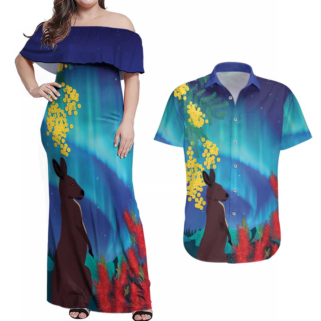 Australia Northern Lights Scenery Couples Matching Off Shoulder Maxi Dress and Hawaiian Shirt