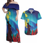 Australia Northern Lights Scenery Couples Matching Off Shoulder Maxi Dress and Hawaiian Shirt