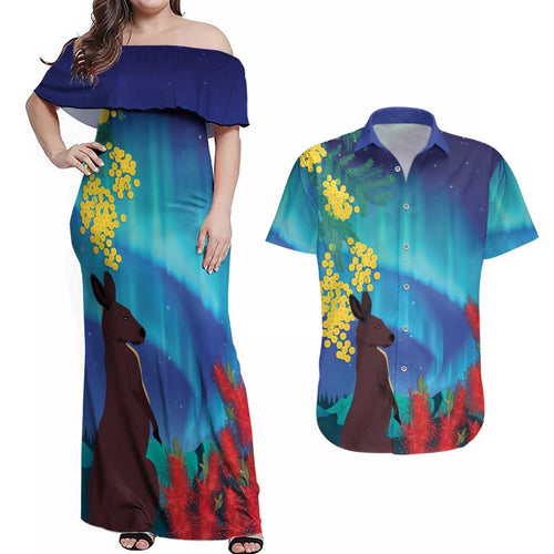 Australia Northern Lights Scenery Couples Matching Off Shoulder Maxi Dress and Hawaiian Shirt