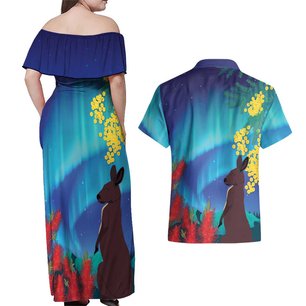 Australia Northern Lights Scenery Couples Matching Off Shoulder Maxi Dress and Hawaiian Shirt