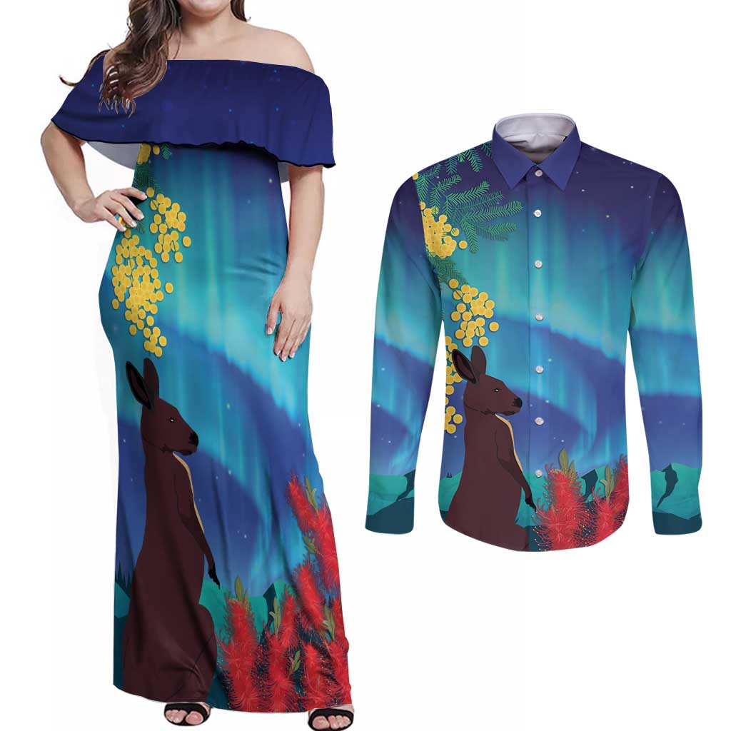 Australia Northern Lights Scenery Couples Matching Off Shoulder Maxi Dress and Long Sleeve Button Shirt