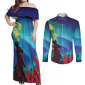 Australia Northern Lights Scenery Couples Matching Off Shoulder Maxi Dress and Long Sleeve Button Shirt