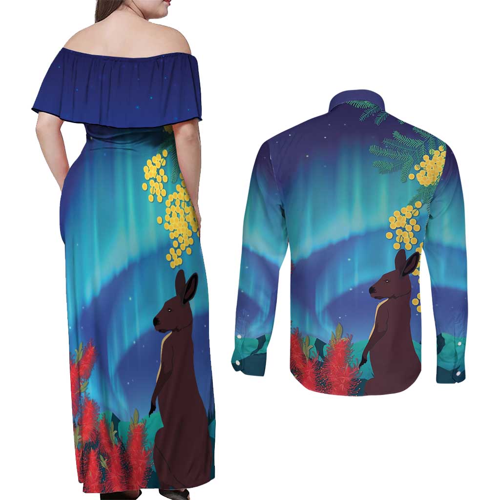 Australia Northern Lights Scenery Couples Matching Off Shoulder Maxi Dress and Long Sleeve Button Shirt