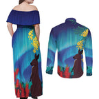 Australia Northern Lights Scenery Couples Matching Off Shoulder Maxi Dress and Long Sleeve Button Shirt