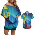Australia Northern Lights Scenery Couples Matching Off Shoulder Short Dress and Hawaiian Shirt