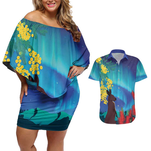 Australia Northern Lights Scenery Couples Matching Off Shoulder Short Dress and Hawaiian Shirt