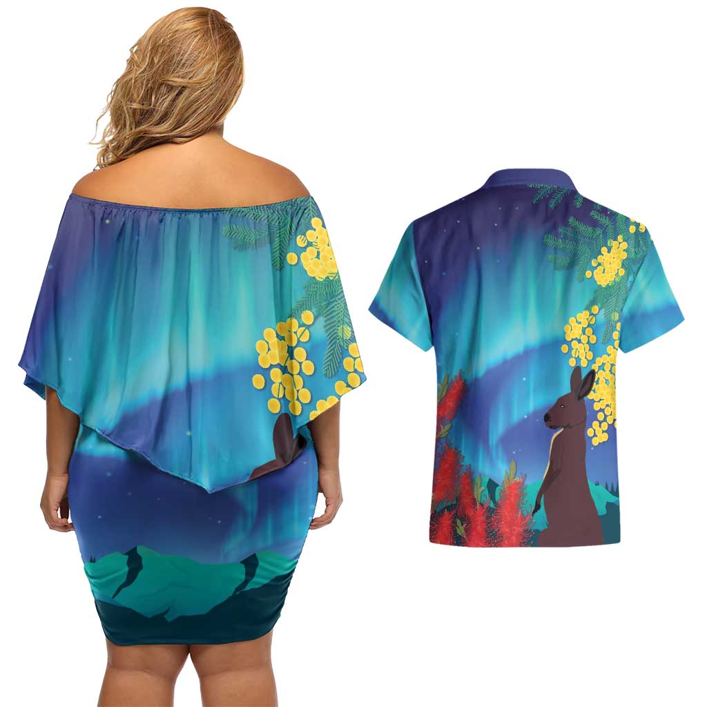Australia Northern Lights Scenery Couples Matching Off Shoulder Short Dress and Hawaiian Shirt