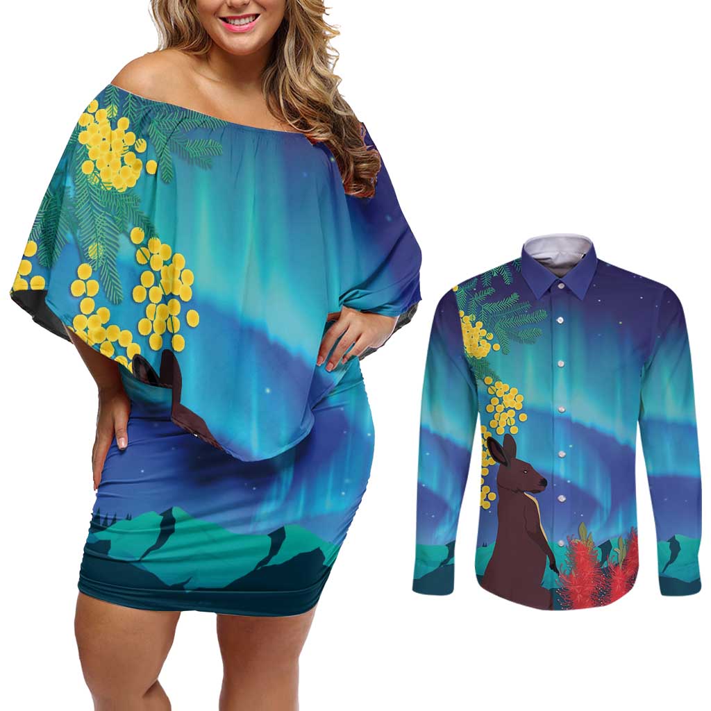 Australia Northern Lights Scenery Couples Matching Off Shoulder Short Dress and Long Sleeve Button Shirt