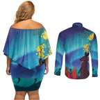 Australia Northern Lights Scenery Couples Matching Off Shoulder Short Dress and Long Sleeve Button Shirt
