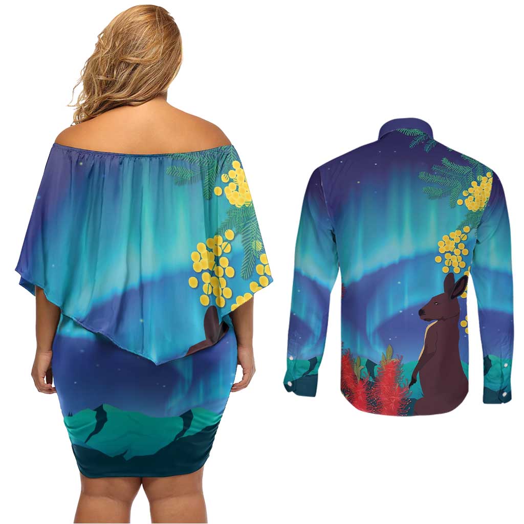 Australia Northern Lights Scenery Couples Matching Off Shoulder Short Dress and Long Sleeve Button Shirt