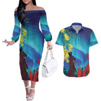 Australia Northern Lights Scenery Couples Matching Off The Shoulder Long Sleeve Dress and Hawaiian Shirt