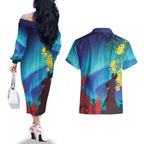 Australia Northern Lights Scenery Couples Matching Off The Shoulder Long Sleeve Dress and Hawaiian Shirt