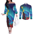 Australia Northern Lights Scenery Couples Matching Off The Shoulder Long Sleeve Dress and Long Sleeve Button Shirt
