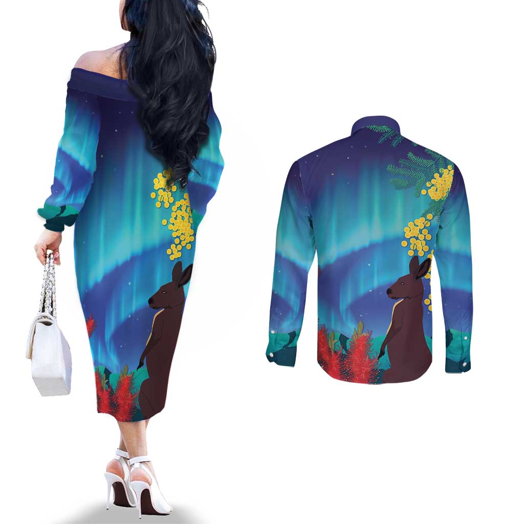 Australia Northern Lights Scenery Couples Matching Off The Shoulder Long Sleeve Dress and Long Sleeve Button Shirt