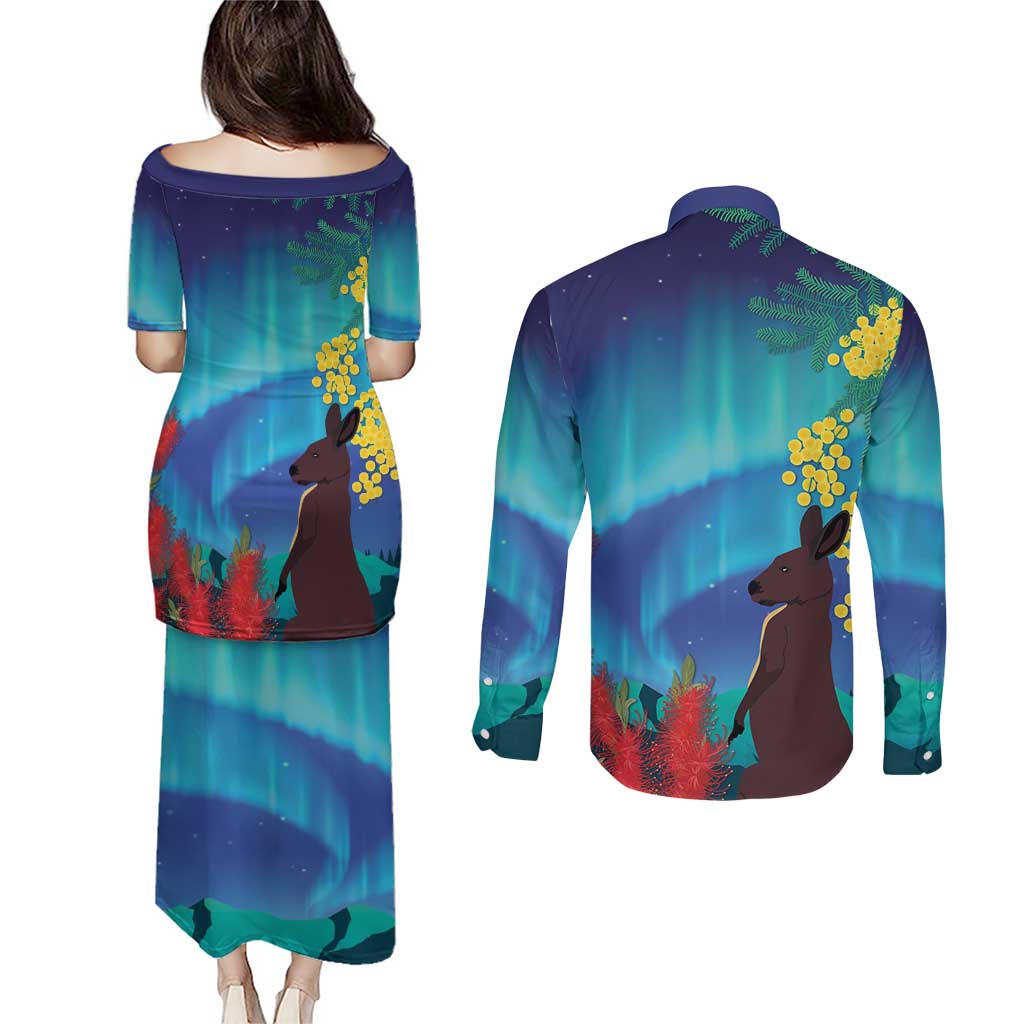 Australia Northern Lights Scenery Couples Matching Puletasi and Long Sleeve Button Shirt