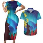 Australia Northern Lights Scenery Couples Matching Short Sleeve Bodycon Dress and Hawaiian Shirt