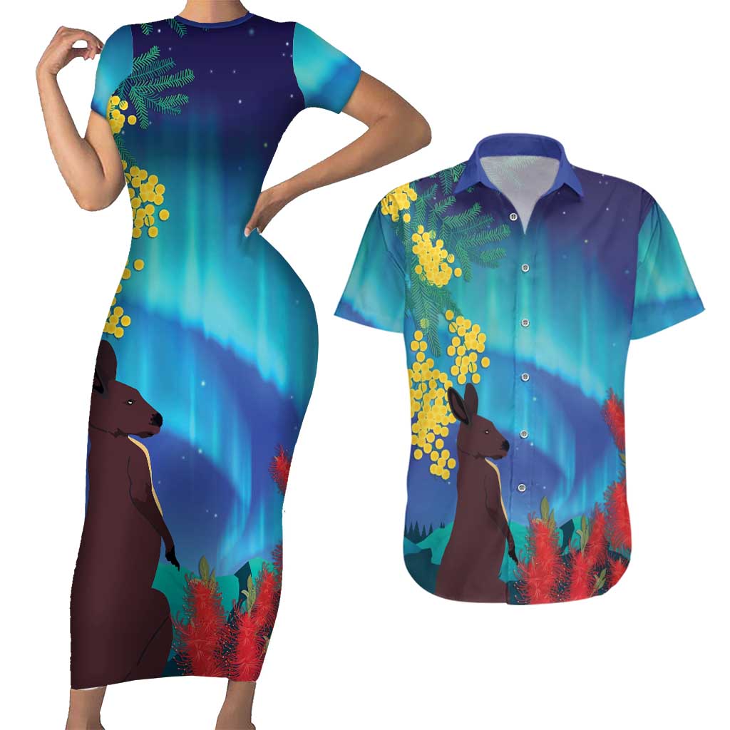 Australia Northern Lights Scenery Couples Matching Short Sleeve Bodycon Dress and Hawaiian Shirt