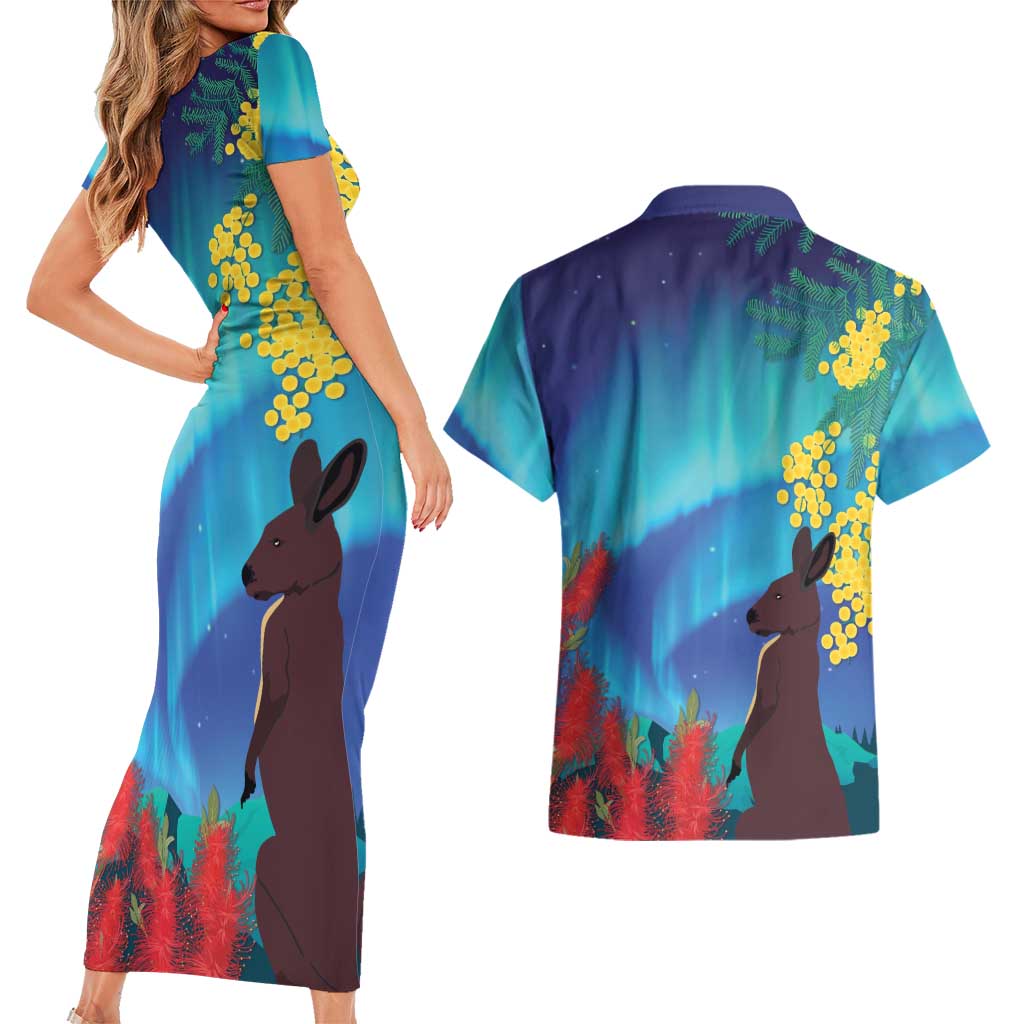 Australia Northern Lights Scenery Couples Matching Short Sleeve Bodycon Dress and Hawaiian Shirt
