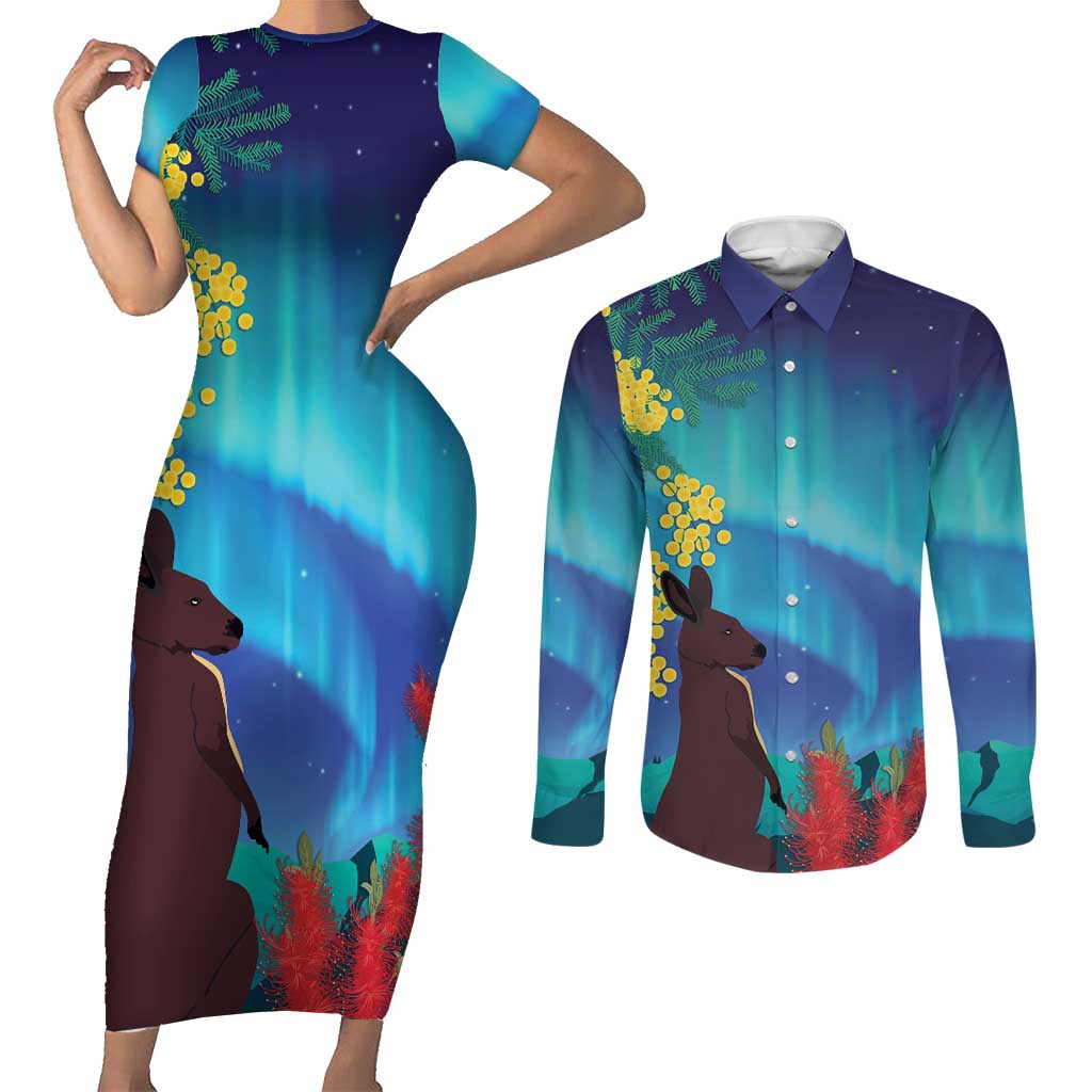 Australia Northern Lights Scenery Couples Matching Short Sleeve Bodycon Dress and Long Sleeve Button Shirt