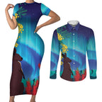 Australia Northern Lights Scenery Couples Matching Short Sleeve Bodycon Dress and Long Sleeve Button Shirt
