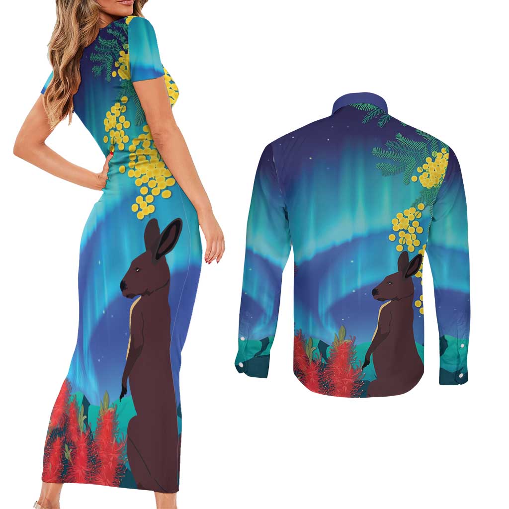 Australia Northern Lights Scenery Couples Matching Short Sleeve Bodycon Dress and Long Sleeve Button Shirt
