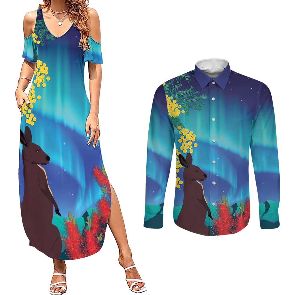 Australia Northern Lights Scenery Couples Matching Summer Maxi Dress and Long Sleeve Button Shirt