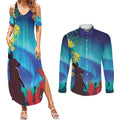 Australia Northern Lights Scenery Couples Matching Summer Maxi Dress and Long Sleeve Button Shirt