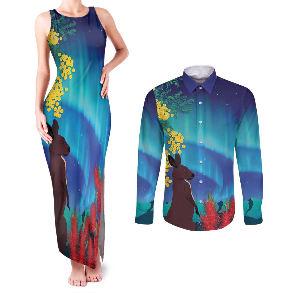 Australia Northern Lights Scenery Couples Matching Tank Maxi Dress and Long Sleeve Button Shirt