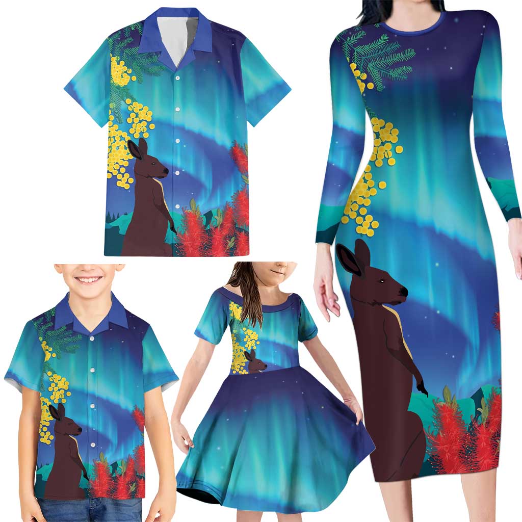 Australia Northern Lights Scenery Family Matching Long Sleeve Bodycon Dress and Hawaiian Shirt
